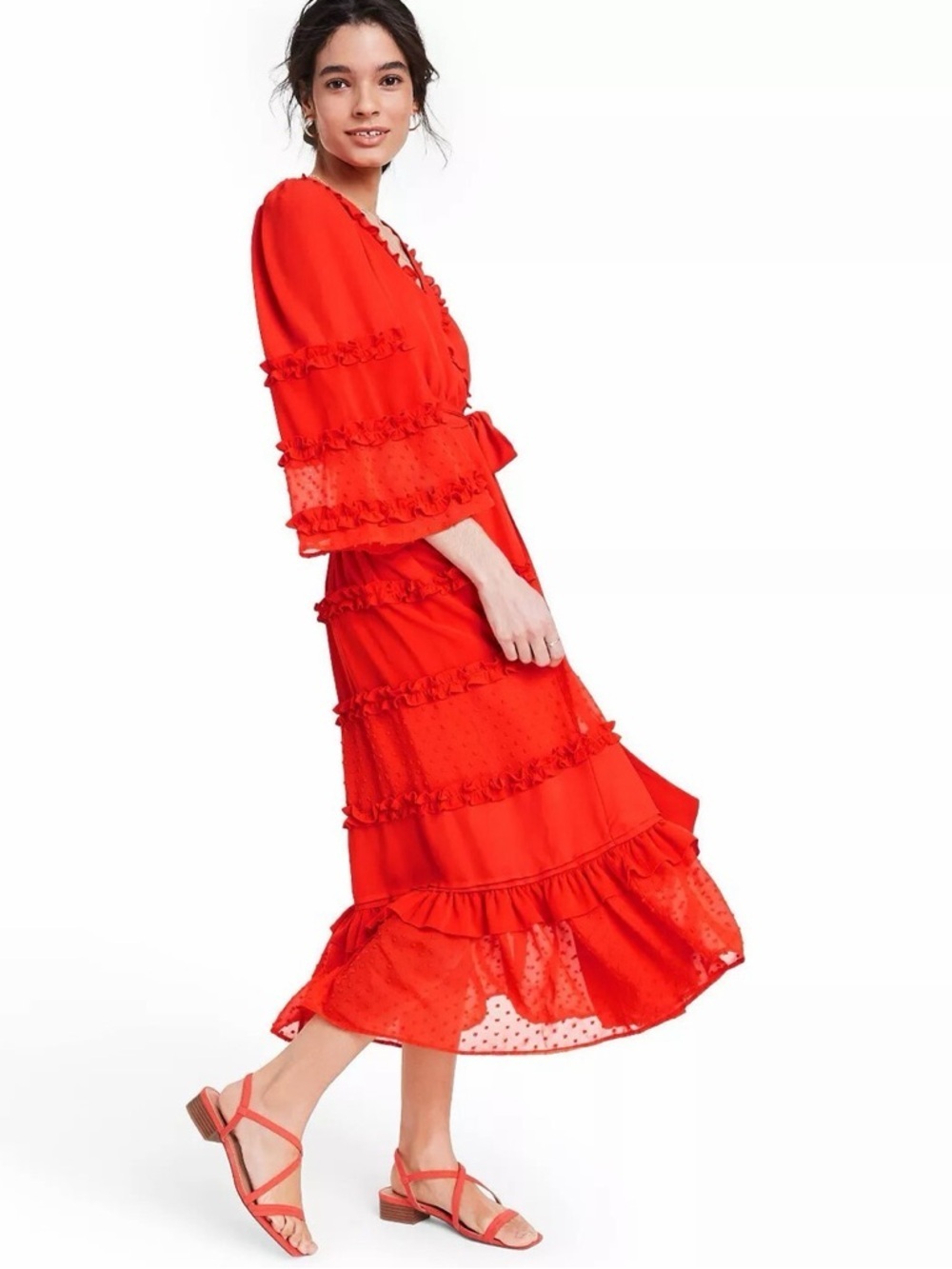ALEXIS for Target Red Clip Dot Ruffle Tiered Midi Dress Angel Sleeve Wrap Size M - Picture 4 of 15